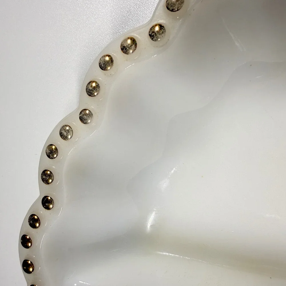 2 FIRE-KING Vintage White Milk Glass Gold Beaded Trim Serving Platter Relish